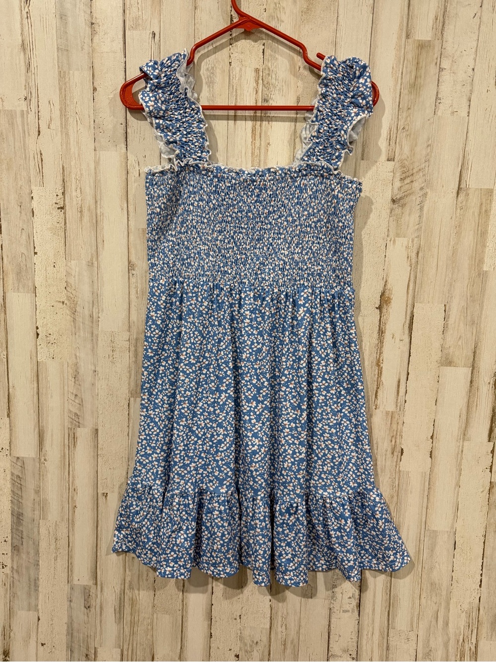 Women’s Blue Floral Smocked Ruffle Dress – Size Large